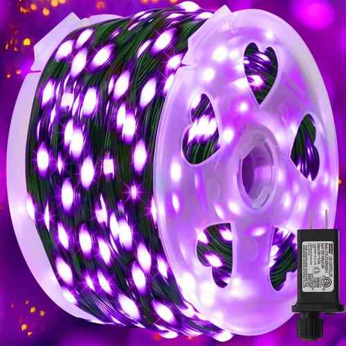 Vista 11 de WATERGLIDE - Extensión extralarga de 328 pies de luces de Halloween, 1000 luces LED para exteriores, luces de hada de alambre verde de PVC y cobre