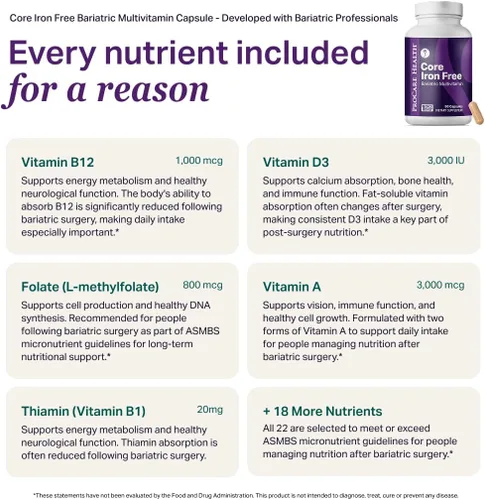 Vista 6 de Procare Health Multivitamínico bariátrico sin hierro (30 cápsulas vegetales de disolución rápida) – Vitaminas bariátricas para manga gástrica