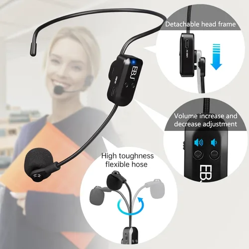 Vista 3 de EBJ Micrófono de auriculares inalámbricos 2.4G y micrófono de mano 2 en 1, transmisión estable de 98.4 ft, carga USB dual tipo C, compatible