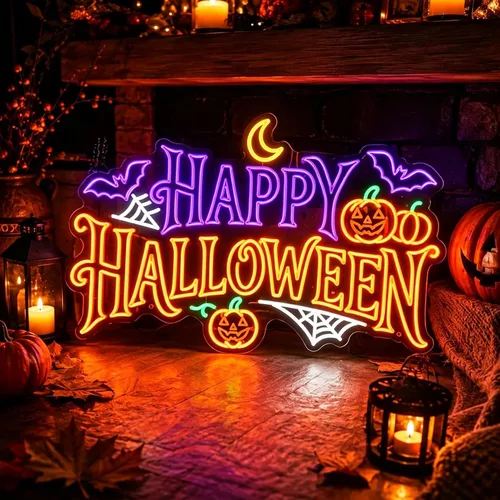 Vista 2 de Letrero de neón personalizado de Halloween, nombre LED espeluznante personalizado y luz de patrón, decoración de pared regulable para fiesta, porche