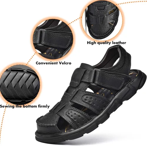 Vista 3 de Feichi Sandalias deportivas para hombre, puntera cerrada, sandalias de cuero hechas a mano, ajustables, para verano, pescador, zapatos de playa