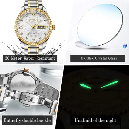 Vista 49 de OLEVS - Relojes de diamantes para hombres, relojes de vestir a prueba de agua, relojes analógicos de cuarzo de lujo con calendario de fecha y correa