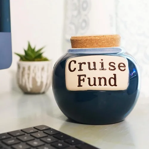 Vista 5 de Tarro de vacaciones de crucero de cerámica - alcancía para adultos, tarro de dinero de vacaciones, caja de ahorros de aventura