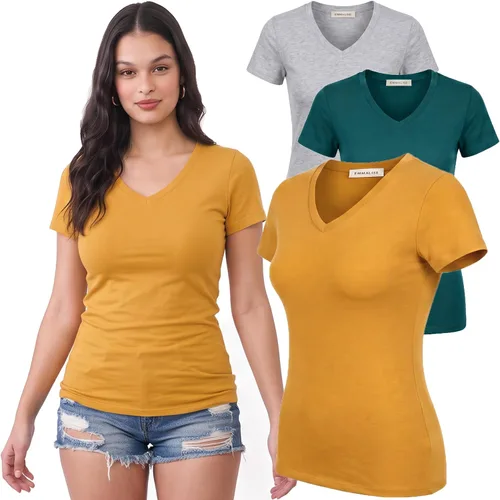 Vista 78 de Emmalise Camiseta de manga corta para mujer, cuello en V, tallas junior y plus
