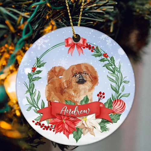 Vista 2 de Adorno personalizado con nombre de perro, adorno de Navidad de cerámica personalizado para perro, colgante redondo para árbol de bolas, recuerdo