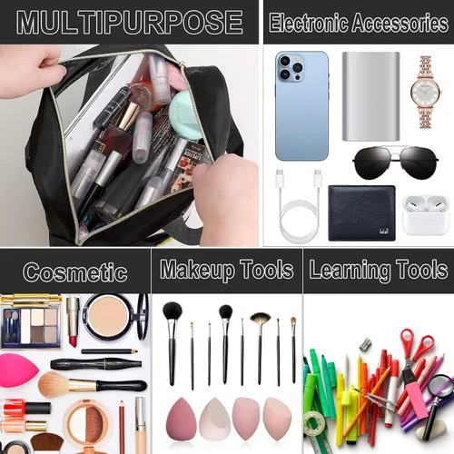 Vista 4 de Bolsa transparente de felpilla con parches de letras, bolsa de maquillaje transparente de PVC y nailon multiusos con asas, bolsa grande