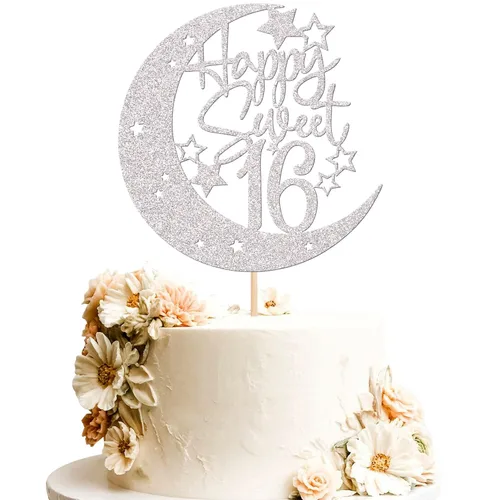 Vista 16 de 1 pieza de decoración de pastel de 16 años con purpurina de luna y estrella de luna feliz 16 cumpleaños, decoración para tartas de cumpleaños de 16