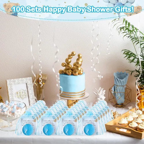 Vista 6 de Amyhill Juego de 100 regalos de fiesta de oso para baby shower, incluye velas azules sin perfume, velas de regalo neutras de género, tarjetas