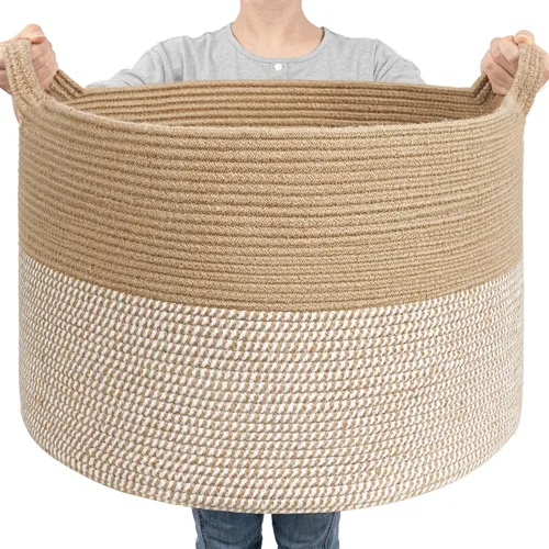 Vista 19 de Goodpick Cesta de manta de 65 litros, 19.7 x 12.6 pulgadas, cesta de cuerda de algodón, para sala de estar, organizadores de juguetes y Todo marrón
