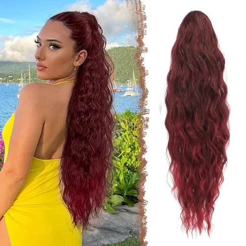 Vista 19 de FESHFEN Extensiones de cola de caballo – 26 pulgadas cordón largo rizado ondulado clip en colas de caballo pelo sintético extensiones de cola