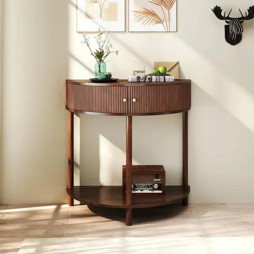 Vista 6 de Knocbel Mesa consola Half Moon con puerta con patrón de ondas, mesa auxiliar de sofá semicírculo con 2 cajones de almacenamiento y estante inferior