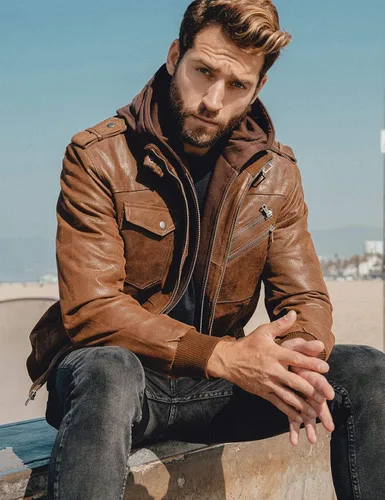 Vista 3 de FLAVOR - Chaqueta de moto para hombre cuero marrón con capucha extraíble