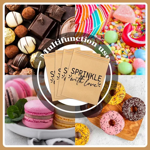 Vista 4 de AnyDesign Paquete de 100 bolsas de bufé de dulces de donas, autoadhesivas, espolvorear con amor, bolsas de papel kraft para golosinas de galletas