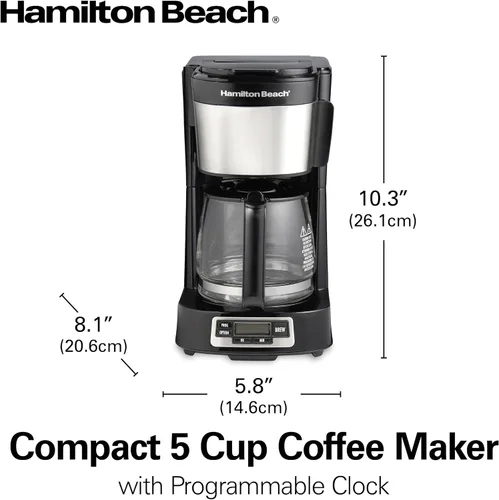Vista 8 de Hamilton Beach Cafetera de goteo de 5 tazas con cesta de llenado frontal fácil, diseño compacto, reloj programable, jarra de vidrio, pausa