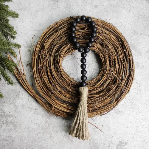 Vista 5 de CVHOMEDECO. Guirnalda de cuentas de madera con borlas, 3 piezas de cuentas rústicas de madera rústica para oración para colgar en la pared para Negro