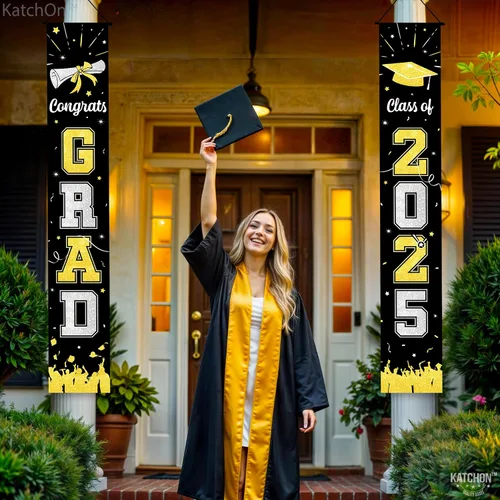 Vista 6 de KatchOn, Pancarta grande de graduación negro y dorado 2025 – 72 x 12 pulgadas Cartel de felicitación de graduación 2025 para decoraciones