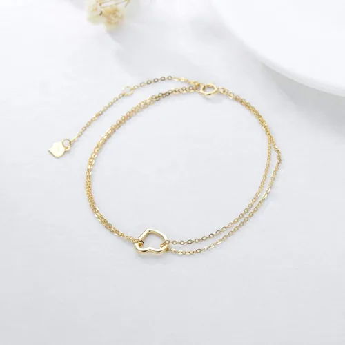 Vista 3 de SISGEM Pulsera de corazón de oro amarillo de 14 quilates para mujer, pulsera de corazón de doble cadena de oro real, regalo de aniversario