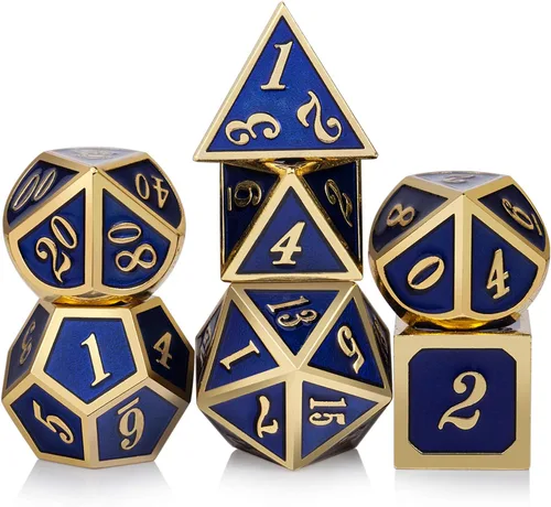 Vista 25 de DNDND - Dados de diseño antiguo, 7 dados de metal de latón con caja de metal para juegos de mesa como Dungeons and Dragons