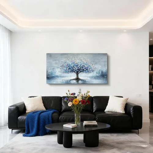 Vista 2 de imjiayu Arte de pared de árbol de la vida, arte de pared grande, decoración de pared azul, impresiones en lienzo de paisaje abstracto, pinturas