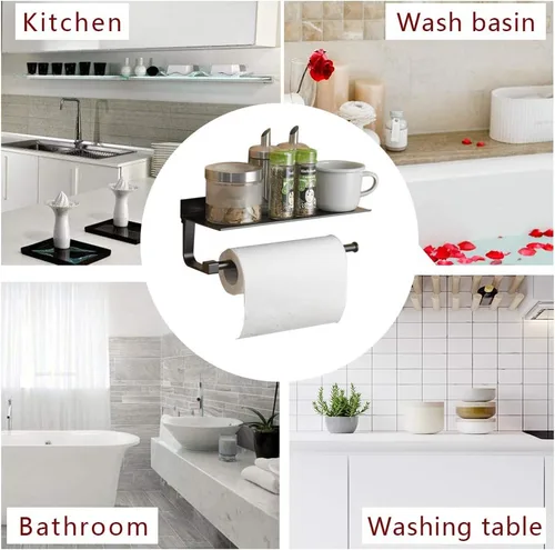 Vista 5 de BESy Soporte adhesivo para toallas de papel montado en la pared para cocina de 13 pulgadas, colgador de rollo de papel de baño con estante