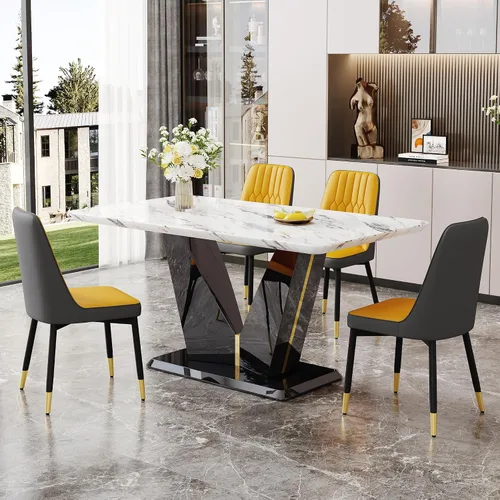 Vista 9 de Juego de mesa de comedor de 5 piezas, juego de mesa de comedor moderno de mármol de 63 pulgadas para 4, juego de mesa de cocina blanca para 4, juego
