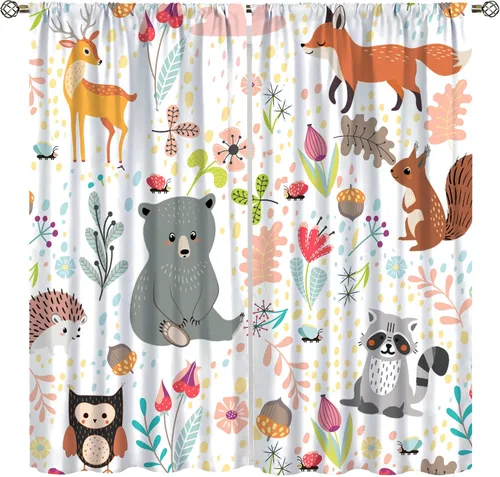 Vista 28 de YCness Cortinas para niños y niñas, diseño de animales de la selva, bosque de otoño, dibujos animados, ciervos, conejos, zorros, búhos, cortinas