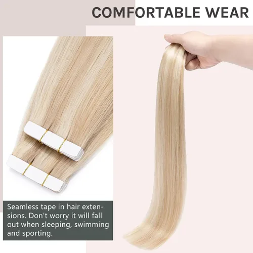 Vista 6 de Extensión de cabello humano Remy con cinta, 3.53 onzas (100 gramos), extensiones de cabello humano liso, trama sin costuras
