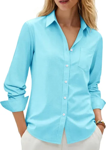 Vista 12 de siliteelon Camisas con botones para mujer, camisa Oxford de algodón, camisa de vestir de manga larga, blusas de trabajo con bolsillo