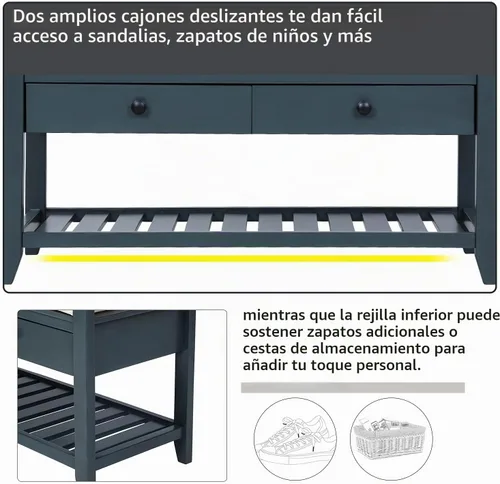 Vista 4 de Harper & Bright Designs TREXM Zapatero con asiento acolchado y cajones, banco de almacenamiento multiusos para entrada (azul marino)