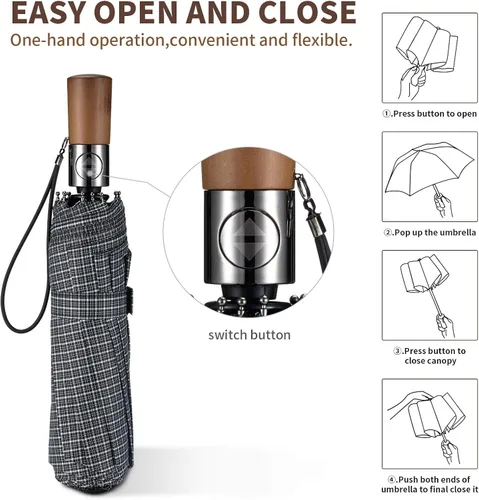 Vista 5 de HOMILOOP Sombrilla de viaje de negocios 10 costillas sombrilla plegable compacta con material resistente al viento apertura automática compatible