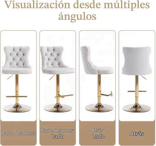 Vista 6 de Juego de 2 taburetes de bar beige, taburetes de bar tapizados ajustables con respaldo y reposapiés dorado, modernos taburetes de bar giratorios