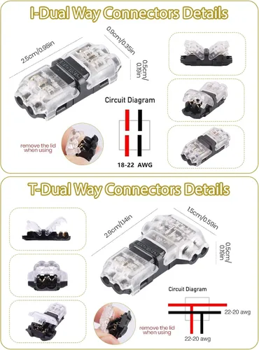 Vista 3 de Conectores de cable de bajo voltaje Kalolary 20 Pack 2 Pin 3/2 Way Wire Connector Universal Compact Wire T Tap I Type Connectors Electrical Wire