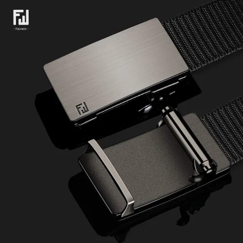 Vista 2 de Fairwin - Cinturón de malla de nailon de 1.25 pulgadas con hebilla automática de trinquete para hombre, cinturón invisible sin orificios