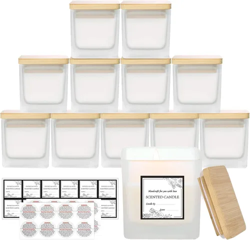 Vista 10 de CONNOO Paquete de 12 tarros de vela cuadrados transparentes de 9 onzas para hacer velas, recipientes vacíos de vidrio grueso a granel con tapas