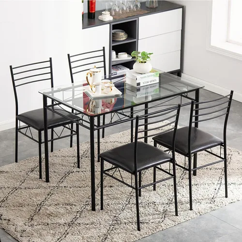 Vista 12 de Juego de mesa de comedor de 5 piezas, moderno juego de mesa de comedor negro para 4, mesa de comedor de cocina de vidrio templado con 4 sillas