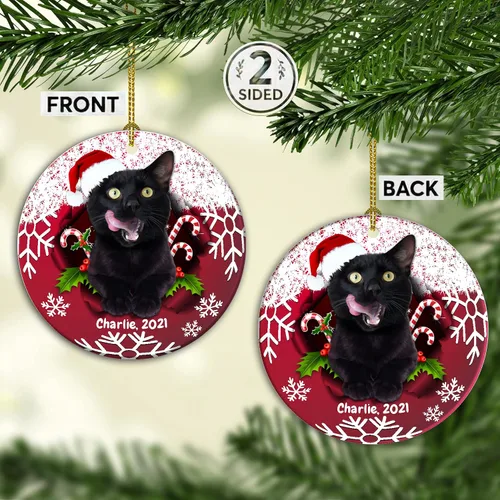 Vista 4 de Adorno personalizado, adorno de gato negro, regalo para amantes de los gatos, adorno de cerámica de Navidad de gato negro, adorno de Navidad