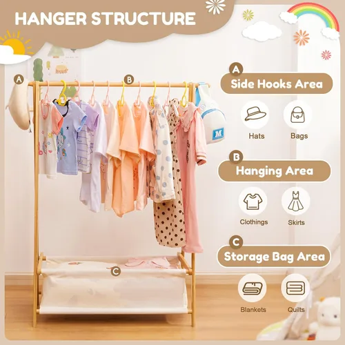 Vista 6 de Cozivolife Perchero de ropa para niños con caja de almacenamiento, soporte para vestir, soporte para ropa infantil con varillas para colgar, pequeño