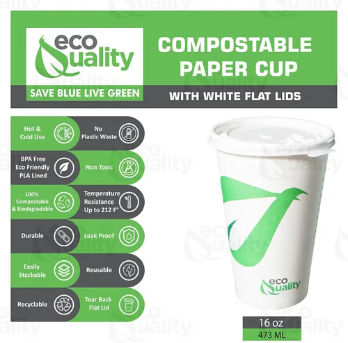 Vista 2 de EcoQuality Vasos de papel compostables de 16 onzas con tapas planas blancas – Tazas de café de papel blanco biodegradables desechables con forro