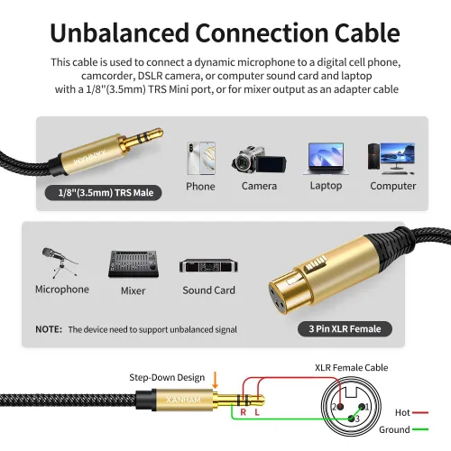 Vista 2 de XLR hembra a conector macho de 0.138 in (1/8") de 3.3 pies/3.3 ft TRS Cable desequilibrado compatible con iPhone, iPod, reproductor de MP3, laptop