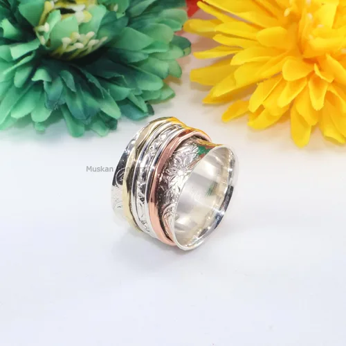 Vista 3 de Solid 925 Sterling Silver Flower Floral Three Tone Hammered Meditation Spinner Ring For WomenGirls