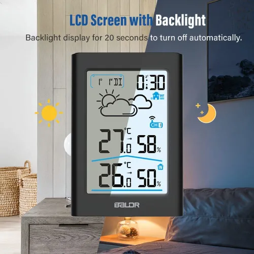 Vista 4 de BALDR Termómetro para Interior y Exterior Inalámbrico, Estación Meteorológica Alimentada por Batería para Interior y Exterior con Reloj, Monitor