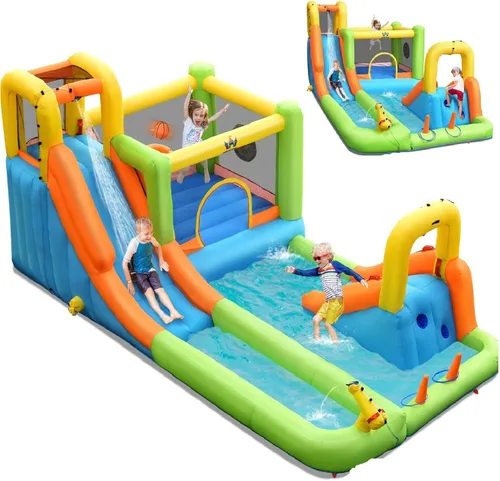 Vista 16 de BOUNTECH Tobogán acuático inflable, 7 en 1 doble tobogán para niños, parque acuático para niños, toboganes de agua inflables para exteriores
