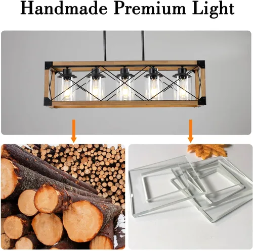 Vista 3 de Lámparas colgantes rústicas de casa de campo, candelabros para comedor y cocina, accesorios de luz de isla de 5 luces, candelabro de madera sobre