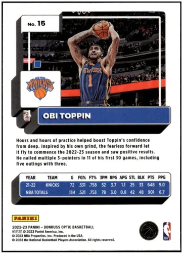 Vista 2 de OBI TOPPIN 2022-23 Donruss Optic #15 NM+-MT+ NBA Basketball Knicks