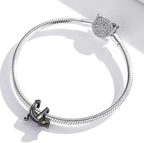 Vista 4 de 925 Sterling Silver White Gold Plated Animal Charm Beads for Women Lindo gato negro.