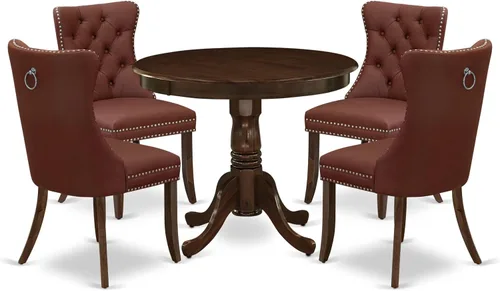 Vista 18 de East West Furniture ANDA5-AWA-12 - Juego de mesa de cocina de 5 piezas, incluye una mesa de comedor redonda con pedestal y 4 sillas Parson tapizadas