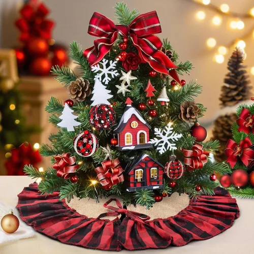Vista 5 de Mini falda de árbol de arpillera a cuadros Buffalo con volantes rojos y negros, falda pequeña de árbol de Navidad a cuadros rojos y negros de 24