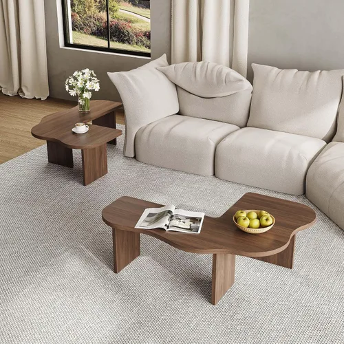 Vista 4 de Mesa de centro irregular 2 en 1 para sala de estar, mesas modernas de mediados de siglo para espacios pequeños, juego de mesa auxiliar modular