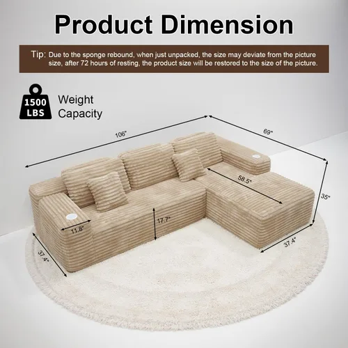 Vista 2 de Sofá modular Cloud con diván en forma de L, moderno sofá modular con asiento profundo, portavasos integrado y bolsillo de almacenamiento para sala
