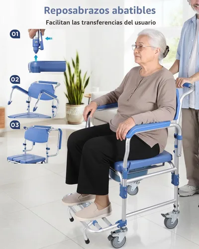 Vista 6 de Silla de ducha con ruedas de 4 pulgadas, cómoda de noche, brazos abatibles, 330 libras